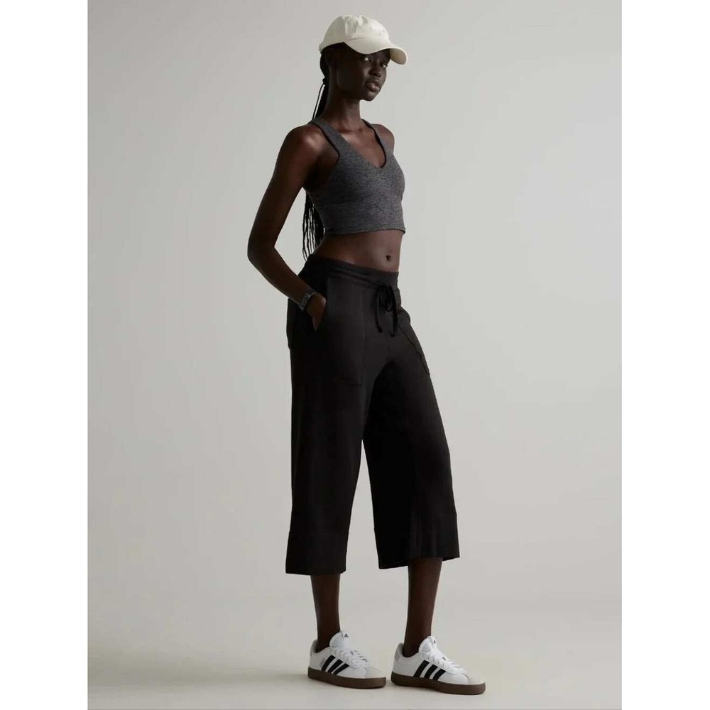 Quince Pants Women S Black SuperSoft Fleece Cropped Wide Leg Drawstring Pocket